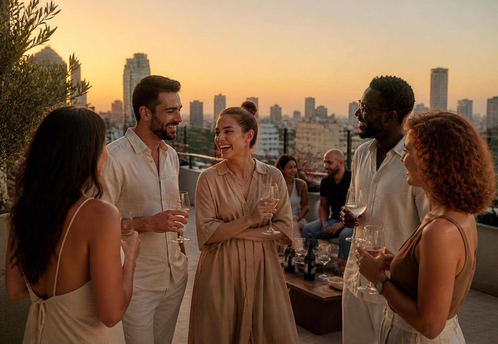 A diverse group of guests talking over drinks on a Tel Aviv rooftop at sunset