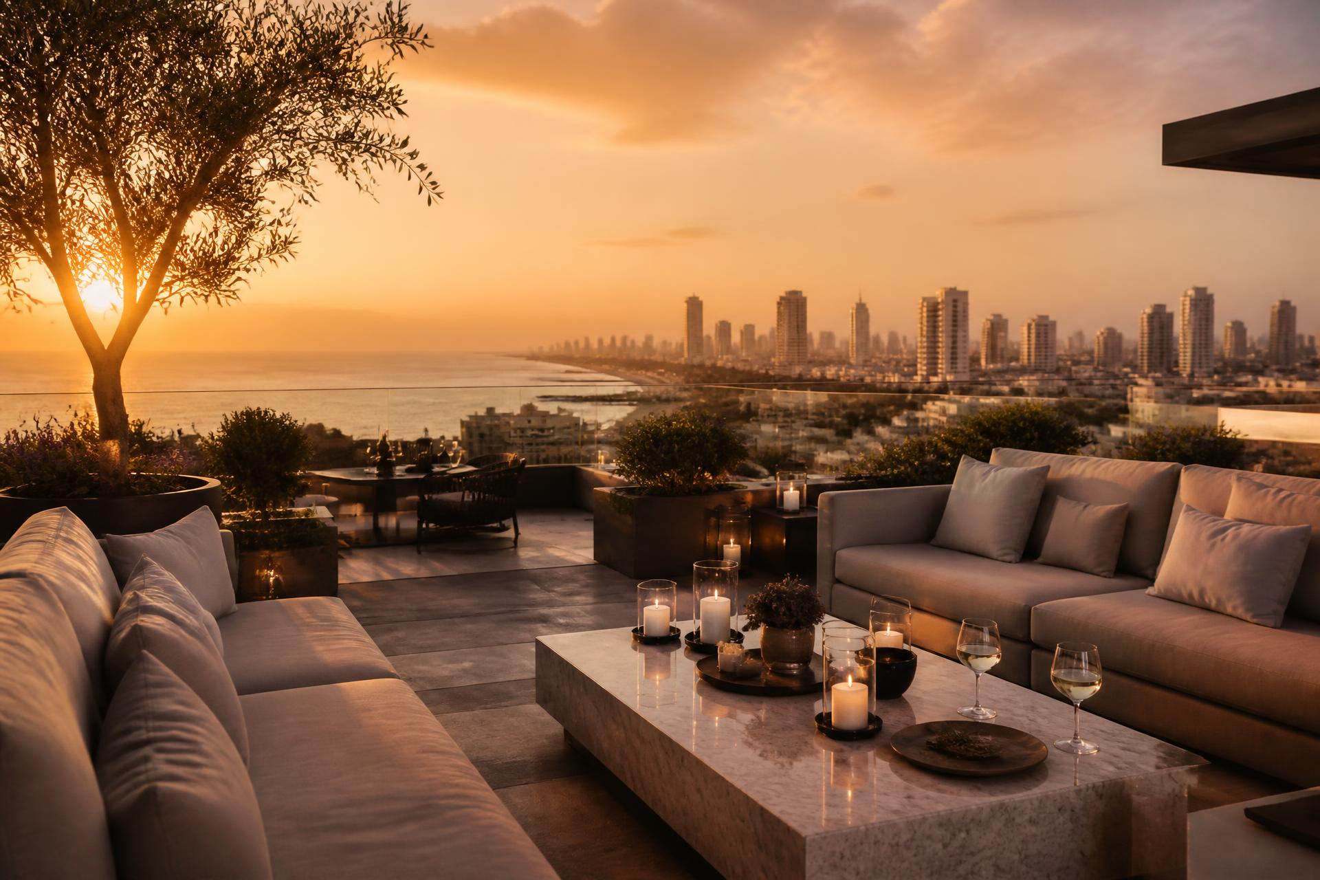 Sunset over the Tel Aviv skyline from a private penthouse terrace